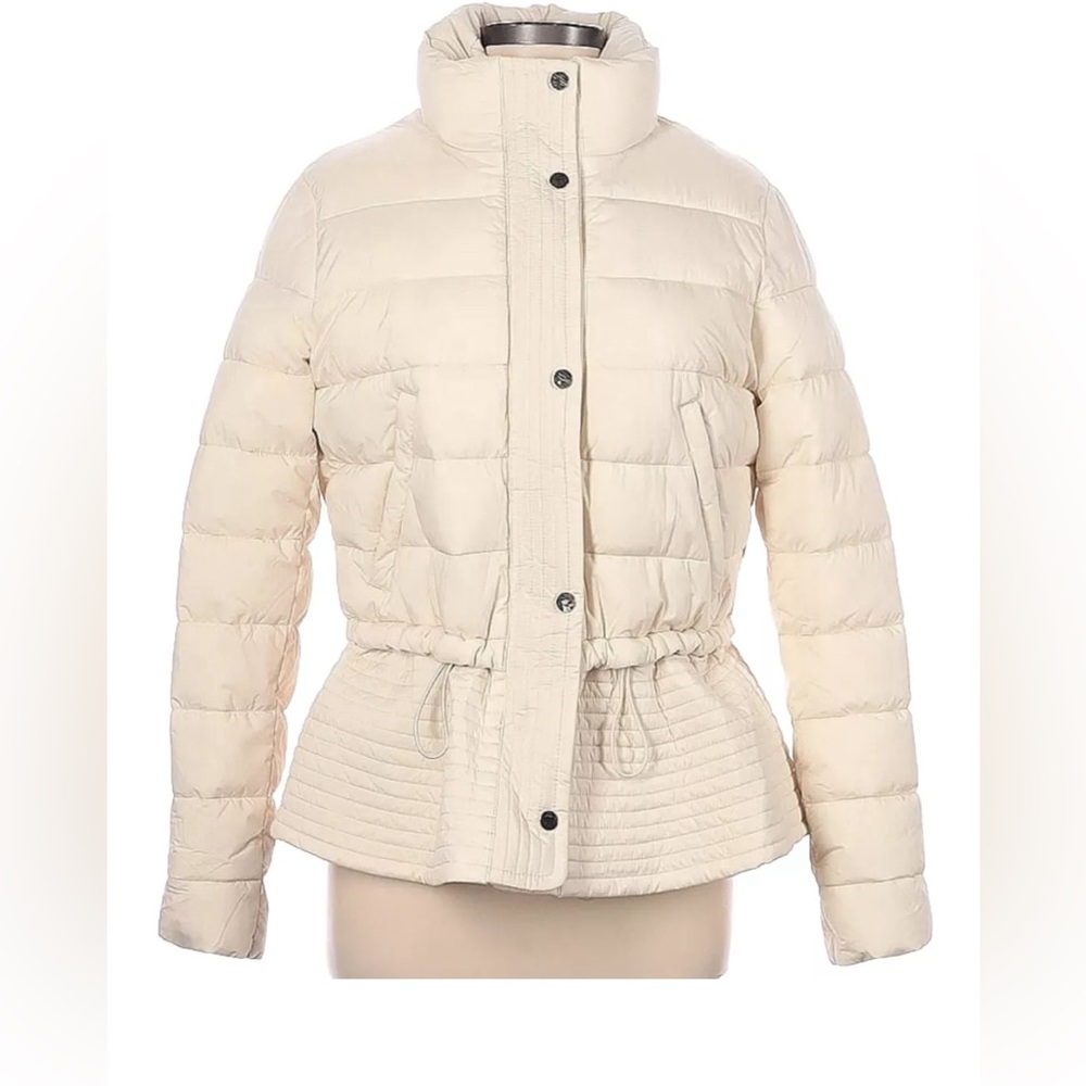 White House Black Market Womenโs Peplum Puffer Jacket Size Large Ecru
